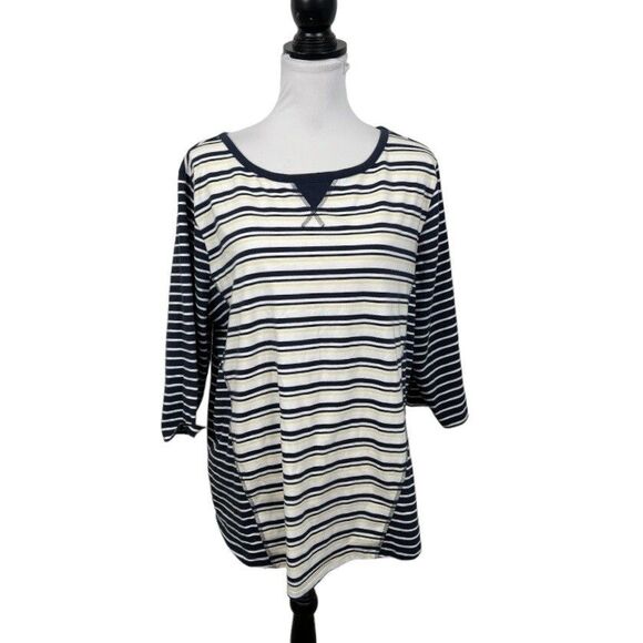 Coral Bay Knit Tunic Top Plus Size 1X Striped Pullover Blue Yellow 3/4 Sleeves - Picture 1 of 11